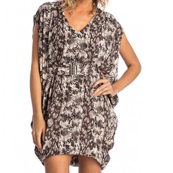Marisa Kenson Brown Snakeskin Open Sleeve Draping Hi-Lo Hem Dress - size XS NWT - Picture 1 of 7